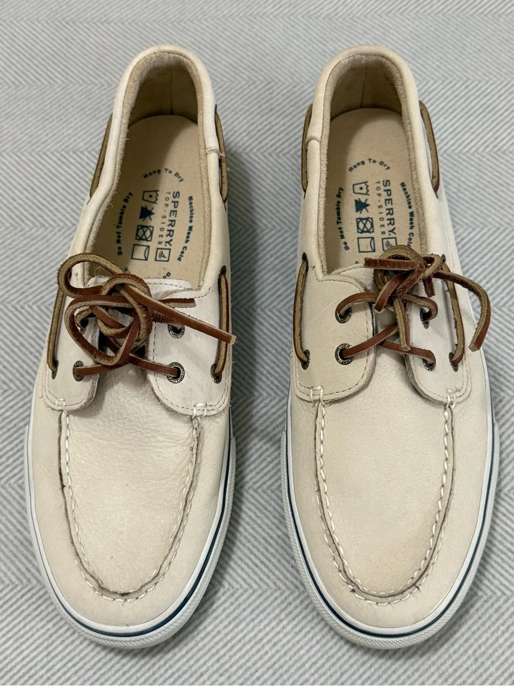 Sperry Men’s Beige Leather Boat Shoes with Brown Laces Sz 11.5M
